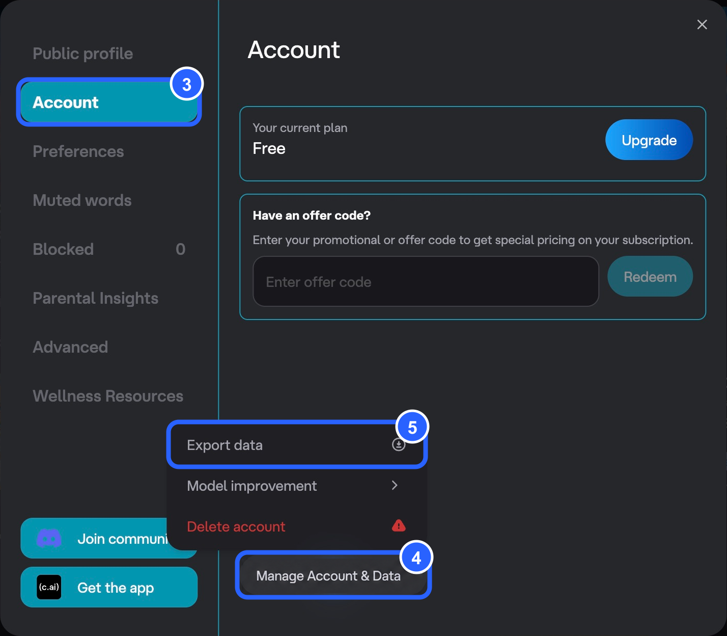 Character.AI Account settings with the Export data option outlined in blue.